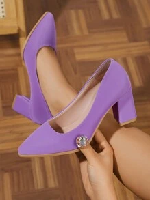 2024新款时尚尖头粗跟浅口女鞋性感欧美风适合春秋 - 紫色 - 查看 1