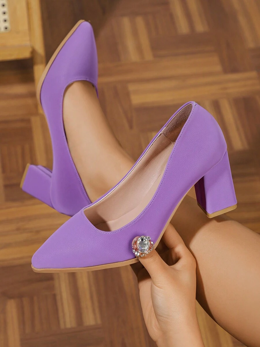 2024新款时尚尖头粗跟浅口女鞋性感欧美风适合春秋 - 紫色 - 查看 1
