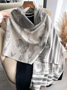 1pc Women Reversible Faux Wool Jacquard Floral Warm Shawl Scarf For Daily Wear, Autumn/Winter - Grey - View 2