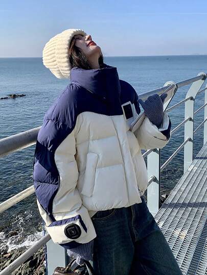 New Arrival Color Block Thick Warm Short Windbreaker Jacket, Fashion Design Outerwear For Women, Autumn/Winter