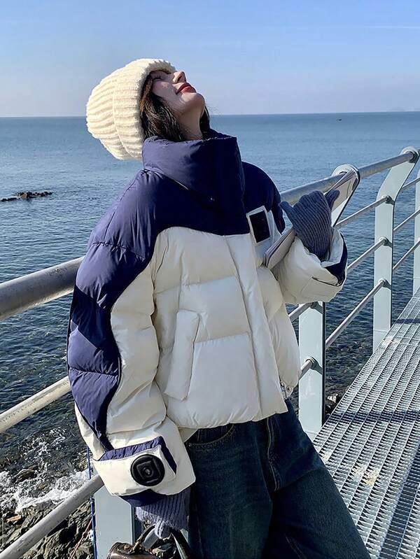 Nowość Kolor Blok Gruba Ciepła Krótka Kurtka Wiatrówka, Modny Projekt Odziezy Ochronnej Dla Kobiet, Jesień/Zima