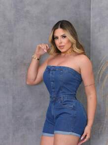 Macacão Jardineira Curta Jeans Tomara que caia sem alça botões - Lavagem escura - Visão 3