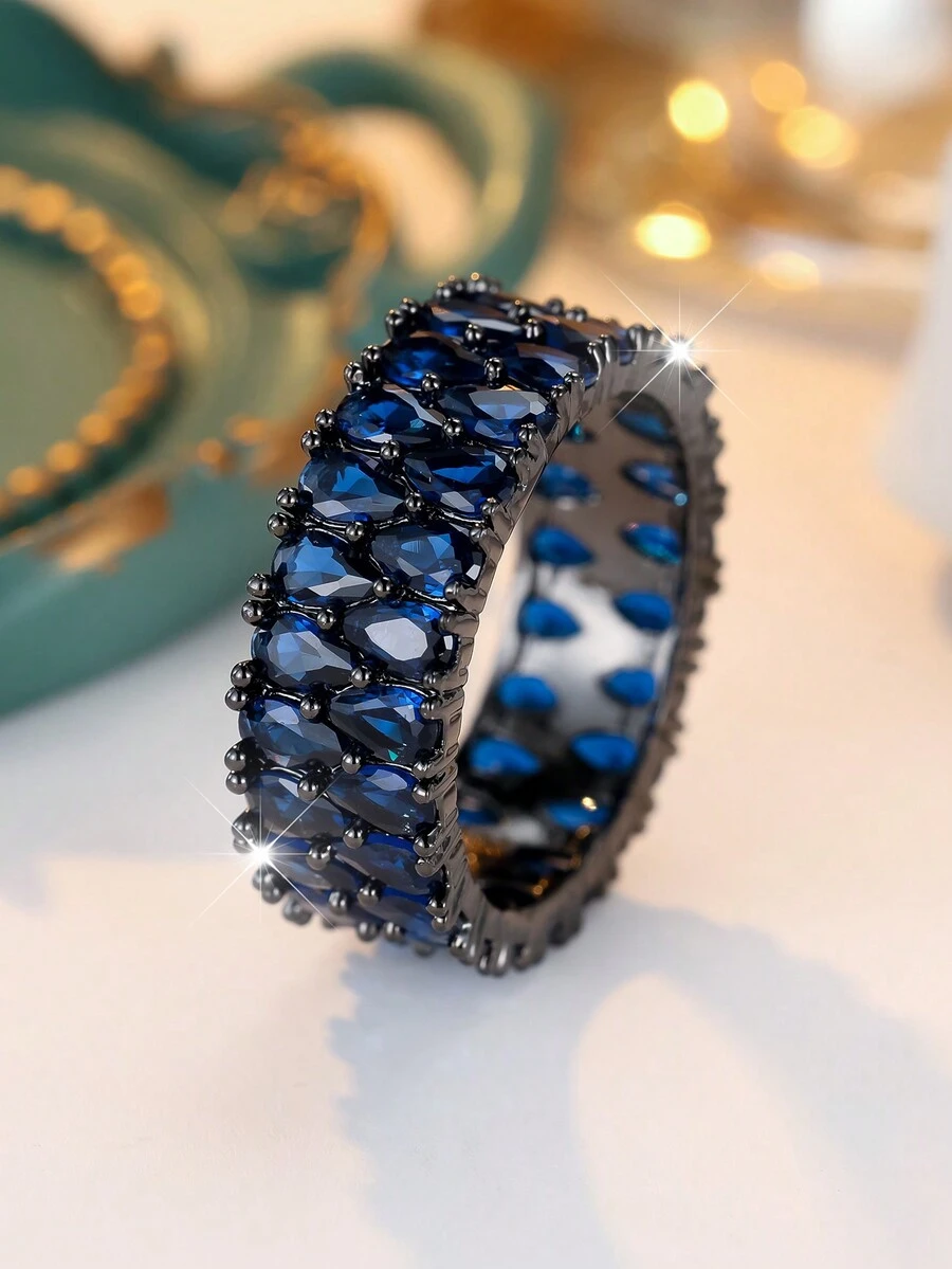 1 件奢华双排海军蓝人造锆石镶嵌黑色戒指，复古风格，适合节日、派对和日常佩戴，耐用闪亮的配饰 - 寶藍色 - 查看 1