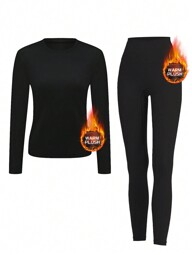 Women's Warm Fleece Thermal Underwear Set, Comfortable Base Layer, Outdoor Ski Warm Tights & Long Sleeve Round Neck Top & Pants Sets, Suitable For Yoga