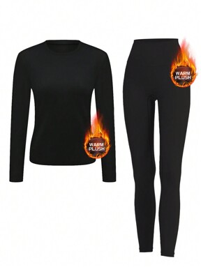 Women's Warm Fleece Thermal Underwear Set, Comfortable Base Layer, Outdoor Ski Warm Tights & Long Sleeve Round Neck Top & Pants Sets, Suitable For Yoga