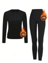 Conjunto de ropa térmica de franela cálida para mujer, capa base cómoda, mallas cálidas y top de cuello redondo de manga larga + pantalones adecuados para yoga y deportes al aire libre
