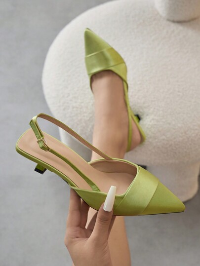 Women's Pointed Toe Slingback Green Low Heel Shoes With Buckle Design, Elegant Satin Material, Suitable For Dresses, Work And Casual Wear In Autumn/Winter,Elegant,Women Pumps,Elegant,Kitten Heels