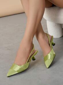 女士尖头露跟绿色低跟鞋，搭扣设计，优雅缎面材质，适合秋冬季搭配连衣裙、工作装和休闲装，优雅女士高跟鞋，猫跟鞋 - 綠色 - 查看 4