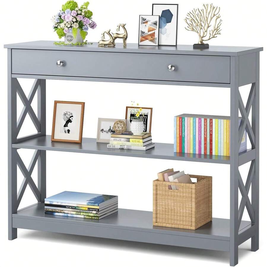 Console Table With Drawer And Storage Shelves, Narrow Sofa Table For
