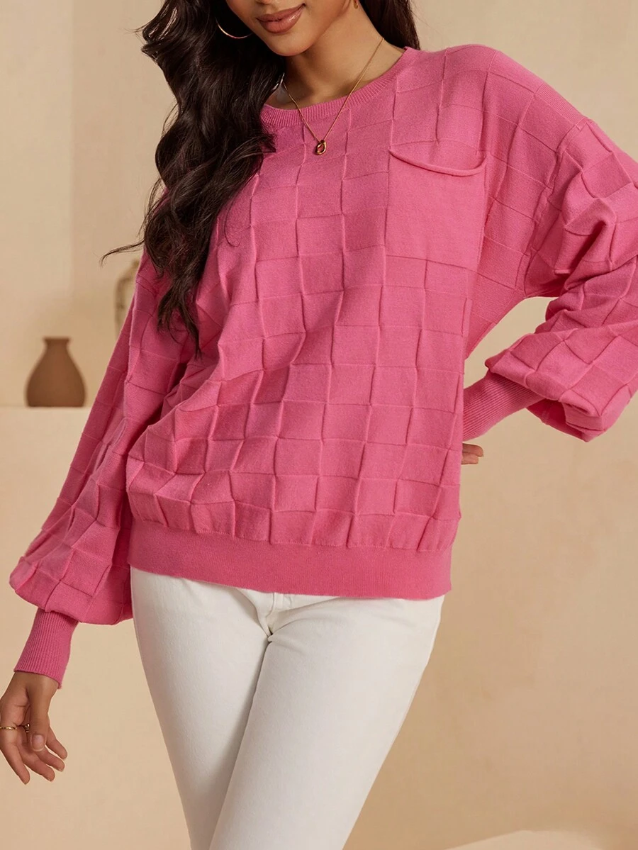 AAmilife Women's Lantern Sleeve Crew Neck Plaid Pocket Casual Commuter Knit Pullover Sweater - Hot Pink - View 1