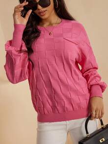 AAmilife Women's Lantern Sleeve Crew Neck Plaid Pocket Casual Commuter Knit Pullover Sweater - Hot Pink - View 3