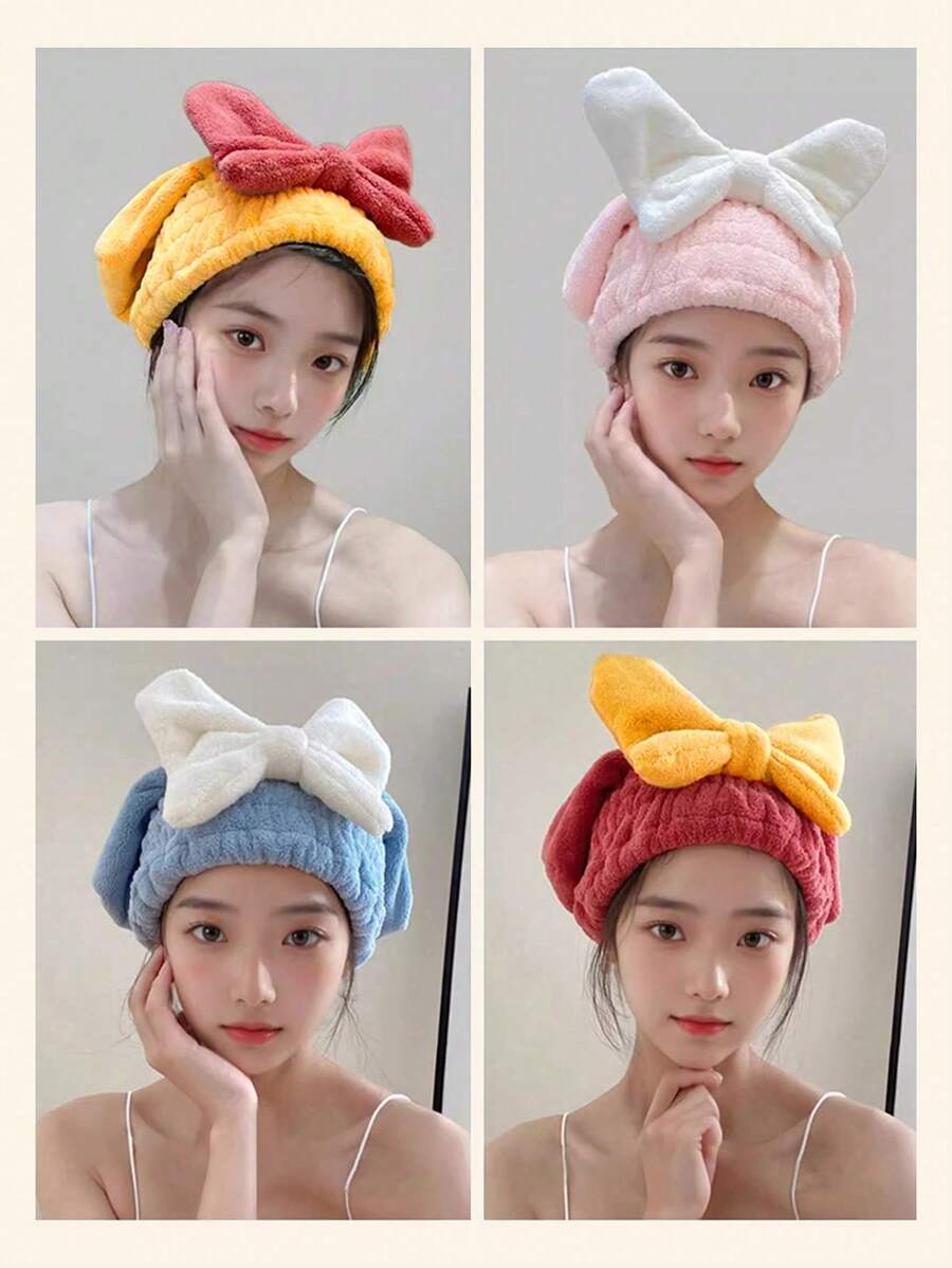 1pc/2pcs Coral Fleece Bow Hair Drying Towel, Quick Absorbent Hair Wrap Turban Home Bathroom Decor Fall Decor Back To School Hair Bonnet Shower Towels For Beaty Salon, Hotel Sports,Home Essentials, Towel, Skin Care