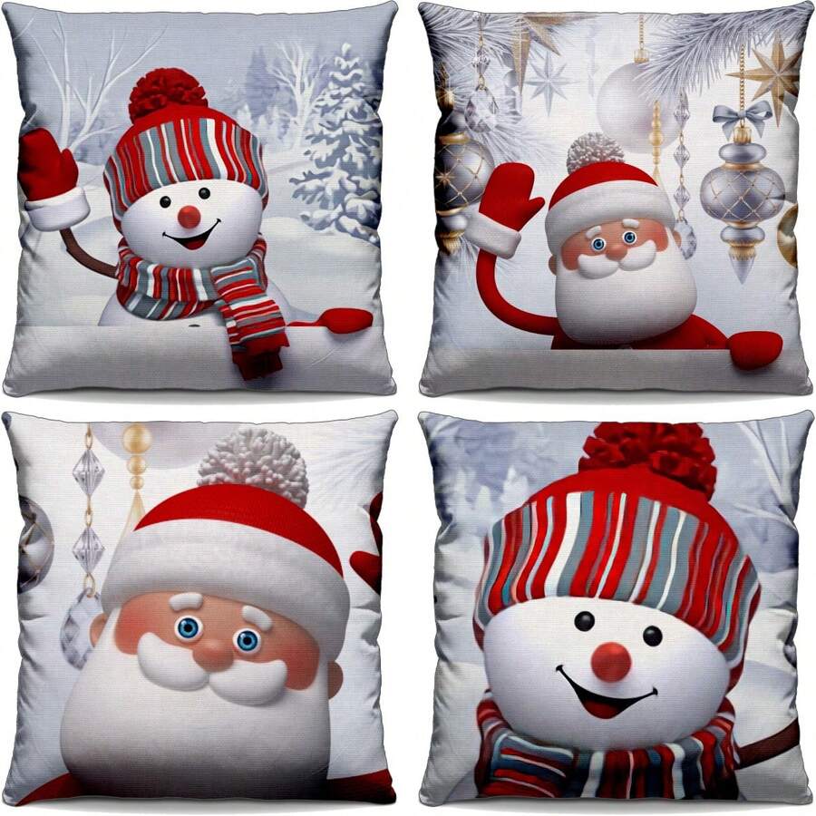 MERRY CHRISTMAS SANTA CLAUS AND SNOWMAN DECORATIVE CUSHION COVERS WITH ZIPPER 40X40CM MD. 10238 - 4 chiếc. Một mặt 40x40cm - Xem 1