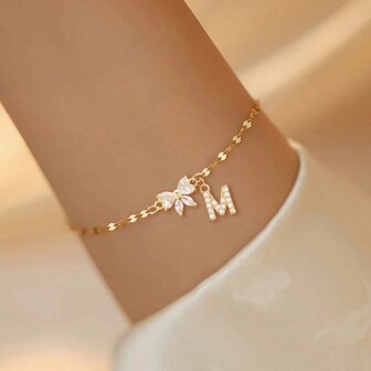 1pc Simple Fashion Crystal BowKnot Initial Stainless Steel Gold Color Lip Chain Bracelet For Women