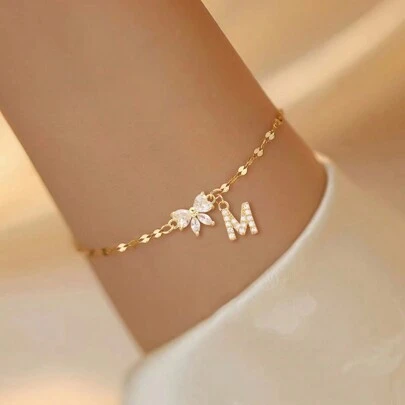 1pc Simple Fashion Crystal BowKnot Initial Stainless Steel Gold Color Lip Chain Bracelet For Women