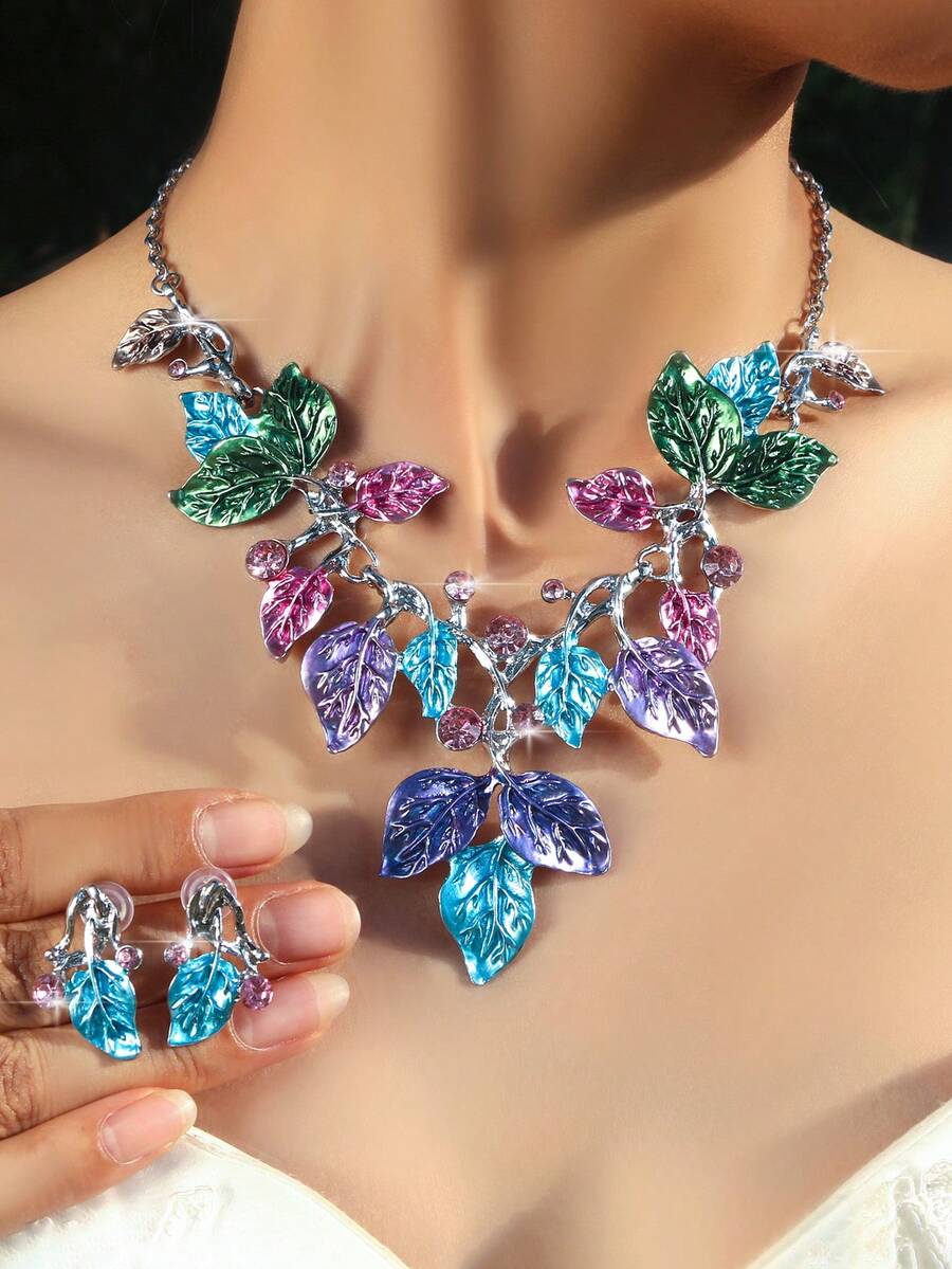 1 套奢华水晶叶形项链和耳环首饰套装，女士新娘婚礼配饰 - 花朵 - 查看 1