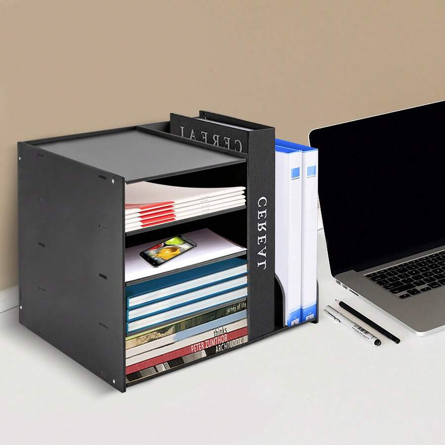 ZhdnBhnos PVC Desktop File Organizer 4 Tier Desk Organizer Paper Letter Tray Organizer File Sorter - Black - View 1