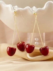 1 Cặp Hoa tai hình quả anh đào ngọt ngào và tươi mát thích hợp cho phụ nữ đeo hàng ngày và dự tiệc, Hoa tai màu đỏ Hoa tai Giáng sinh Châu Âu và Mỹ INS Thời trang Nhựa hình quả nhỏ giọt Lá xanh - Đỏ - Xem 2