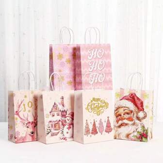 6pcs/12pcs/Pack Christmas Party Gift Packaging Kraft Paper Cartoon Gold Foil Print Shopping Bag, DIY Small Gift Wrap Bags, Souvenirs Favor Holders