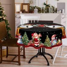 1 pieza Mantel redondo con tema navideño, manteles con estampado de Papá Noel y muñeco de nieve, manteles de poliéster vintage navideños, mantel de escritorio de decoración festiva, decoración del hogar, decoración navideña, regalos - Multicolor - Ver 5
