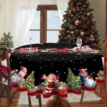 1 pieza Mantel redondo con tema navideño, manteles con estampado de Papá Noel y muñeco de nieve, manteles de poliéster vintage navideños, mantel de escritorio de decoración festiva, decoración del hogar, decoración navideña, regalos - Multicolor - Ver 2