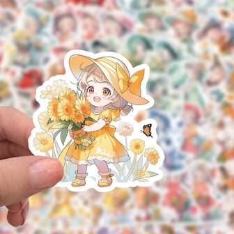 60 件，卡通可爱女孩小纽扣贴纸装饰贴纸防水乙烯基贴纸水瓶笔记本电脑行李贴纸，学校用品，返校