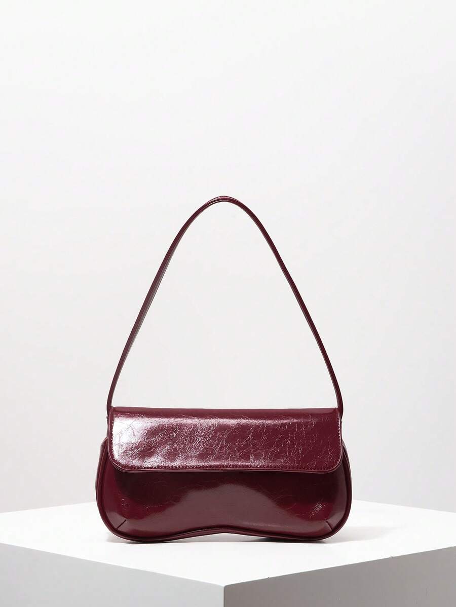 قطعة واحدة حقيبة أسفل الذراع على شكل بيغيت من جلد البديل بنمط عتيق ، حقيبة كتف بغطاء ، حقيبة بلون أحمر لامعة ، حقيبة تسوق لعيد الميلاد، مناسبة للتنقل والتجمعات والعمل (النموذج عشوائي) - عنابي اللون - مشاهدة 1
