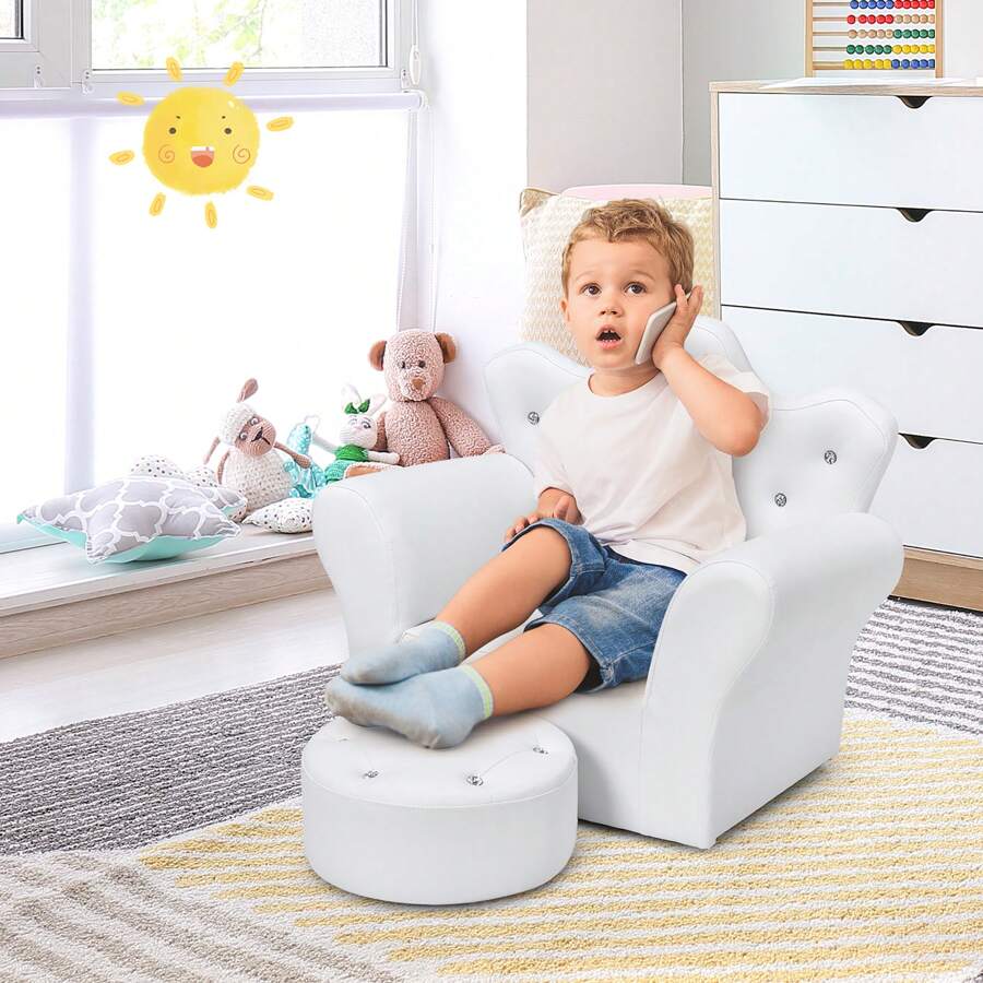 Kids Sofa Toddler Couch Princess Armchair Children Gift With Ottoman White/Pink - 白色 - 查看 1