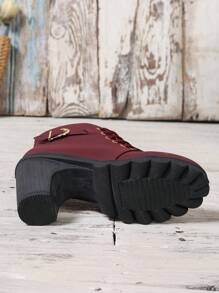 Autumn/Winter New Cross-Tied Short Boots, Thick Heel Boots, Leather Boots - Burgundy - View 6