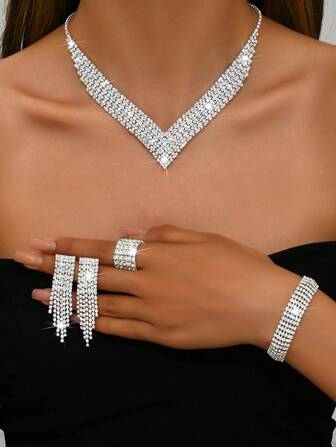 2024 New Bride Jewelry Set - Shimmering Crystal Tassel Earrings, Elegant Necklace, Bracelet & Ring, Suitable For Weddings, Banquets, Balls, Parties
