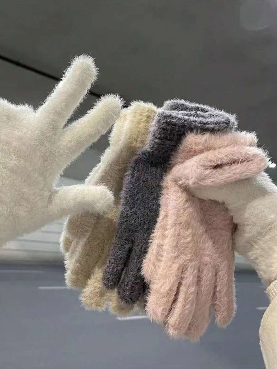 1 Cặp Găng tay giữ ấm đi xe đạp mùa đông bằng lông thỏ giả sang trọng cho nữ Găng tay lót nhiệt dễ thương chống lạnh cho ngón tay Găng tay màu trơn - Nhiều màu - Xem 1