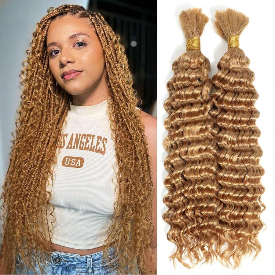 Human Braiding Hair #27 Color Honey Blonde Deep Wave Bulk Human Hair For Micro Braiding No Weft Curly Human Hair For Boho Braids Knotless/Goddess/Bohemian// 100gram - S27 - View 1