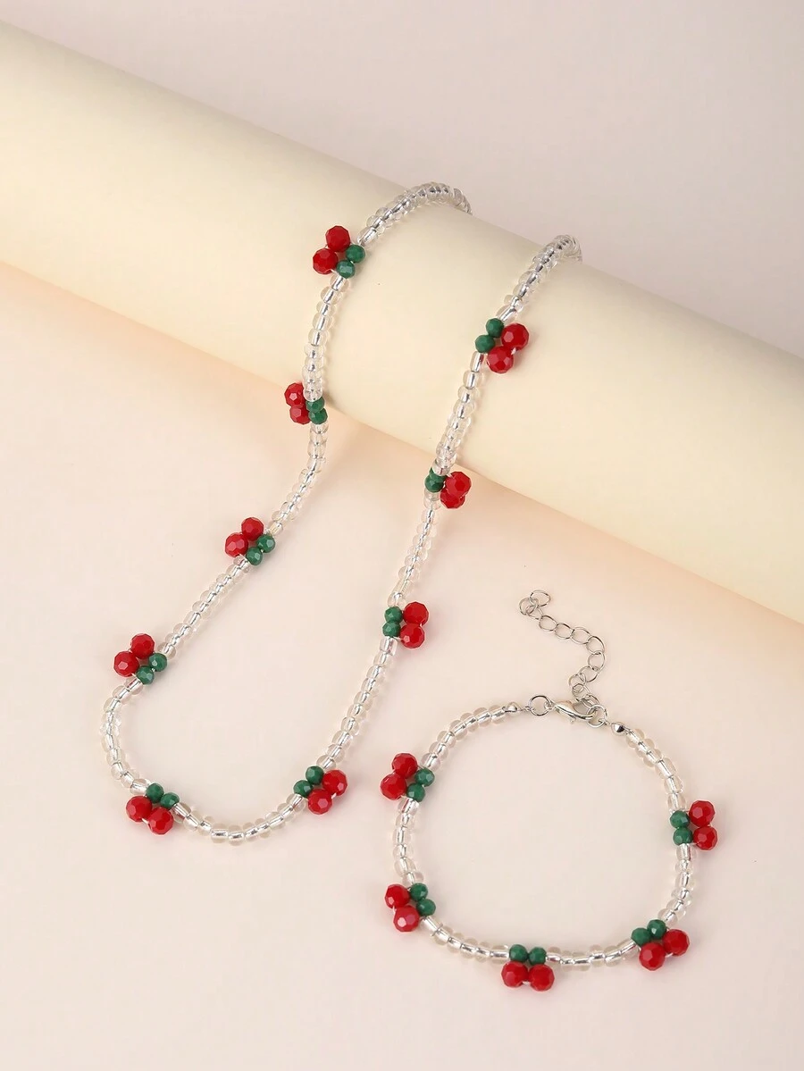 2 件套可爱甜美樱桃儿童首饰套装配透明米珠串珠项链手链