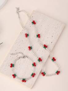 2 件套可爱甜美樱桃儿童首饰套装配透明米珠串珠项链手链