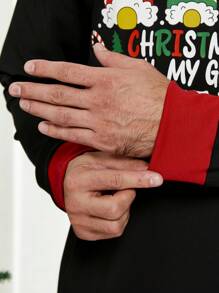 2pcs Men's Christmas Family Matching Pajama Set, Santa Claus Check Print Long Sleeve Top & Long Pants, Cozy Holiday Sleepwear, Fall Winter Clothes - Black - View 6