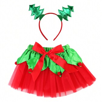 1 Set Christmas Tutu Skirt Red Layered Ballet Tulle Christmas Party With Green Christmas Tree Headband