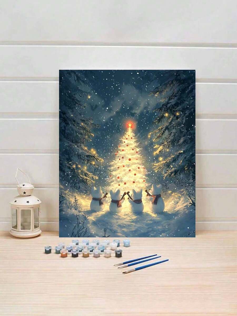 1 套圣诞系列圣诞树和雪人图案 DIY 数字油画套件，精心制作的绘画表达您的个性化，选择一款来装饰您的空间，40*50 厘米 - 白色 - 查看 1