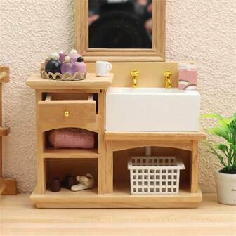 1pc Mini Washbasin, 1:12 Dollhouse Mini Furniture Model, Bathroom Scene Wooden Color Washbasin, Dollhouse Simulation Washbasin, Miniature Accessories, Miniature Furniture, Furniture Models, Miniature Scene Furniture Ornaments. Christmas Micro Scene Decoration, Dollhouse Matching Model Accessories, Shooting Props, Christmas Gifts