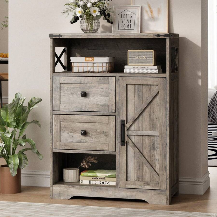 Vabches Storage Cabinet With 2 Drawers & Shelves,Freestanding Storage Cabinet With Doors & Open Storage,Floor Storage Cabinet For Living Room,Bathroom,Kitchen,Laundry