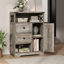 Vabches Storage Cabinet With 2 Drawers & Shelves,Freestanding Storage Cabinet With Doors & Open Storage,Floor Storage Cabinet For Living Room,Bathroom,Kitchen,Laundry