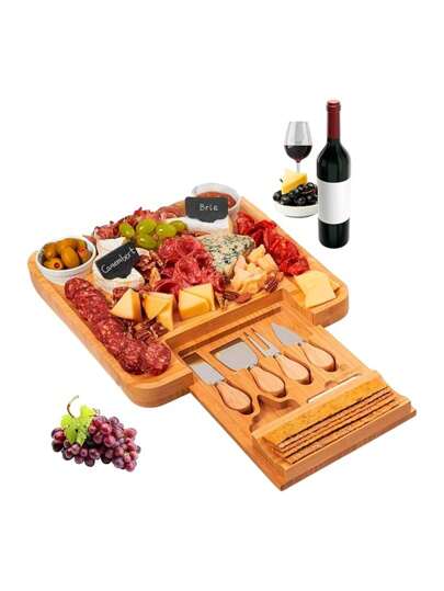 Tabla de Quesos de Bambú, 33*33*3.7 cm. Juego de Tablas y Cuchillos para Quesos, Aperitivos, Botanas, Carnes Frías, Ideal para Inauguración, Cumpleaños. Bluelander.