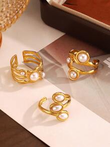 1pc High-End Luxury Pearl Inlaid Stainless Steel Open Ring, Fashion Retro Design, Suitable For Women's Ball & Party Wear - Yellow Gold - View 11