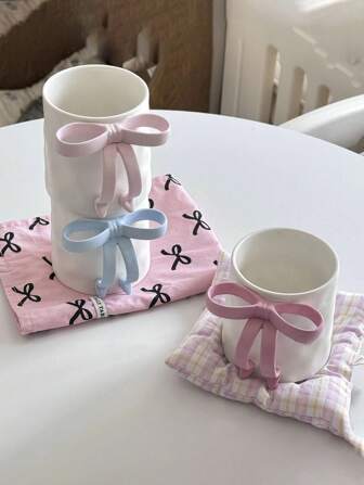 1pc Nordic Style Ceramic Bow Mug, Handmade Ceramic High-Quality Coffee Cup With Aesthetic Design, Ideal Gift For Couples, Birthday Present Back To School