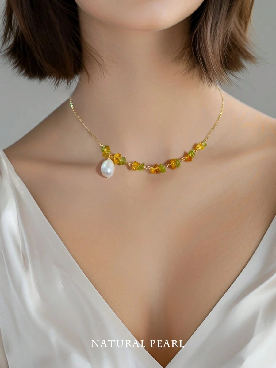 1 chiếc vòng cổ mạ bạc Sterling 925 bằng ngọc trai Baroque thủ công, đá peridot tự nhiên và hổ phách với phong cách cánh đồng cải dầu lãng mạn, món quà thanh lịch cho phụ nữ, thích hợp cho tiệc tùng và đeo hàng ngày - Vàng - Xem 1