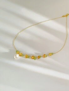 1 chiếc vòng cổ mạ bạc Sterling 925 bằng ngọc trai Baroque thủ công, đá peridot tự nhiên và hổ phách với phong cách cánh đồng cải dầu lãng mạn, món quà thanh lịch cho phụ nữ, thích hợp cho tiệc tùng và đeo hàng ngày - Vàng - Xem 3