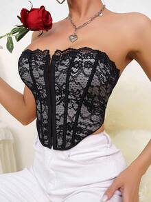 1 件时尚前扣蕾丝边性感紧身胸衣上衣紧身胸衣，腰部收紧吊带背心 - 黑色 - 查看 2
