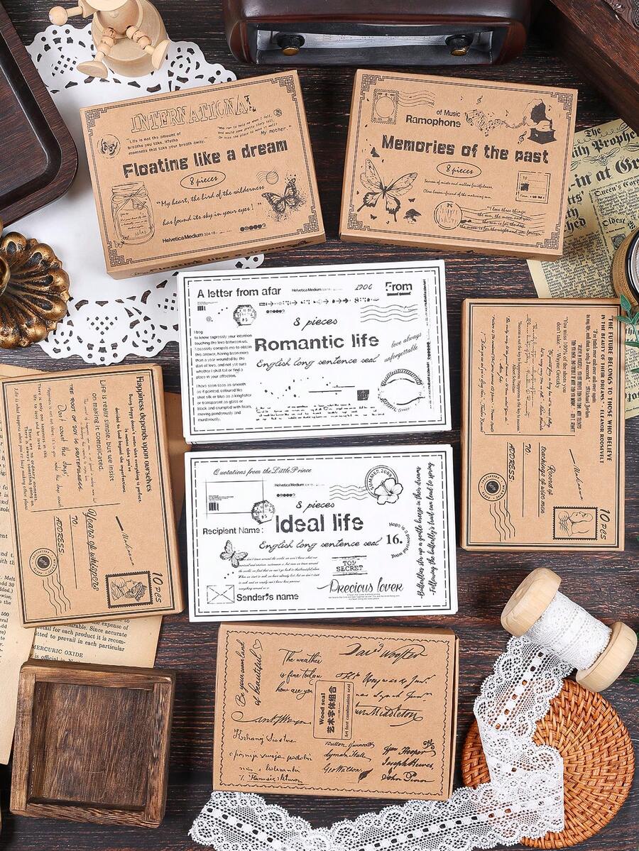 8/10 Chiếc/Hộp, Con dấu gỗ cổ điển, Con dấu in tay thiết kế nghệ thuật tiếng Anh, Con dấu cao su vuông, Dùng cho sổ lưu niệm và thiệp mời thủ công, Con dấu thủ công DIY, Thiệp nhật ký, Ảnh ghép - Nhiều màu - Xem 1