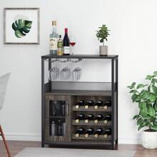 Wine Bar Cabinet, Free Standing Wine Cabinet, Wine Rack Table With Glass Holder And Wine Storage, Industrial Coffee Bar Sideboard, Industrial Rustic Wood And Metal Bar Buffet Cabinet, Wine Rack Storage And Glass Slots For Liquor And Glasses