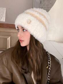 1pc Women Striped Knit Beanie Hat With G Metal Logo, Warm Thick Ear Protection Winter Hat, Cute Casual Elegant Retro Streetwear Fashion Versatile Ski Outdoor Travel Party Daily Use,Summer,Beach,Holiday,Festival - R Mark - View 7