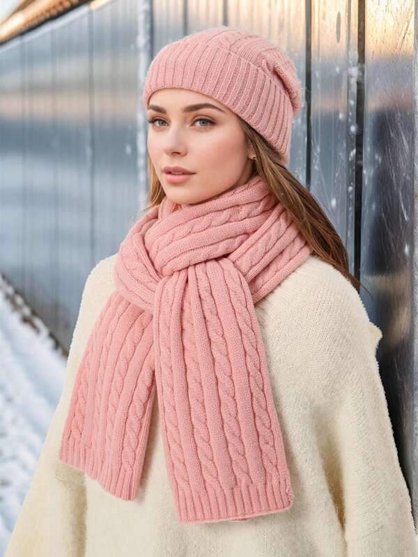 1 Set New Autumn/Winter Fashion Knitted Warm Windproof Infinity Scarf & Hat Set, Unisex